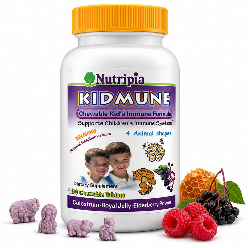 Kidmune Kids Immune Support Chewable Tablets with Colostrum, Propolis, Beta Glucan & Astragalus - Elderberry, Vitamin C, D, Zinc - 180 Mini Tablets, Fun Animal Shapes