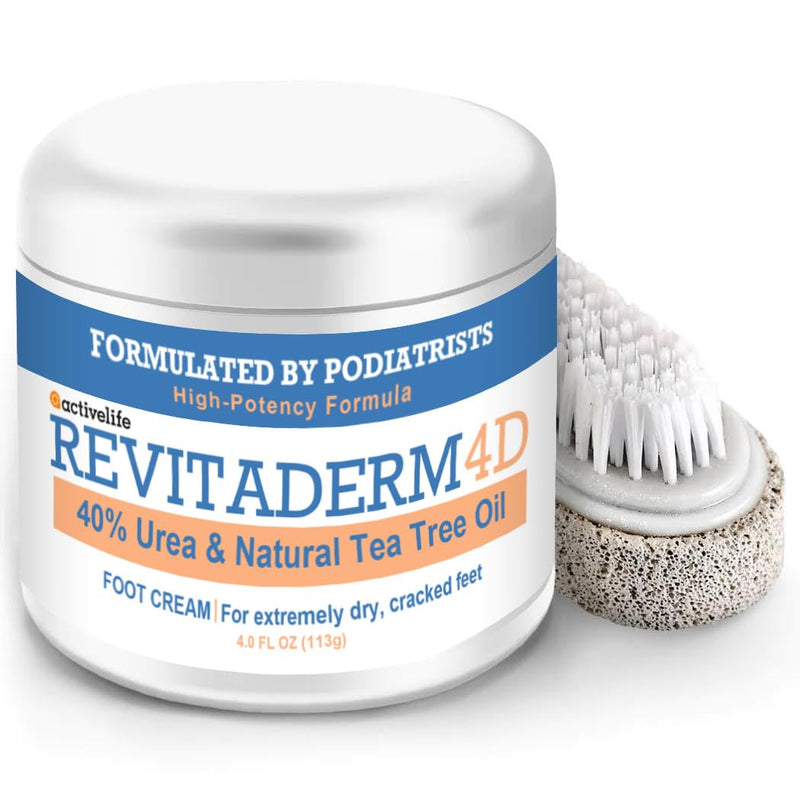 Revitaderm 4D 40% Urea Advanced Foot Cream for Cracked Heels & Dry Skin, Intensive Repair for Rough, Callused Feet, Fast Absorbing, Fragrance Free, Made in USA, 4 oz with Pumice & Brush, 1 Pack 4 Ounce (Pack of 1)