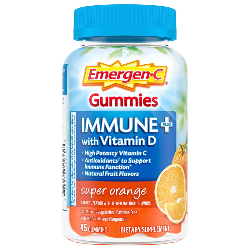 Emergen-C Immune+ Immune Gummies, Vitamin D plus 750 mg Vitamin C, Immune Support Dietary Supplement, Caffeine Free, Gluten Free, Super Orange Flavor - 45 Count - BeesActive Australia