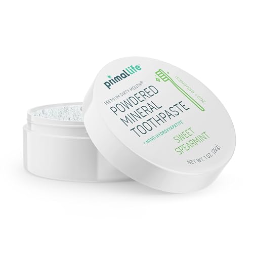 Primal Life Organics - Dirty Mouth Toothpowder, Tooth Cleaning Powder, Flavored Essential Oils with Natural Kaolin & Bentonite Clay, Good for 200+ Brushings, Organic, Vegan (Sweet Spearmint, 1 oz) Sweet Spearmint 1 Ounce (Pack of 1)