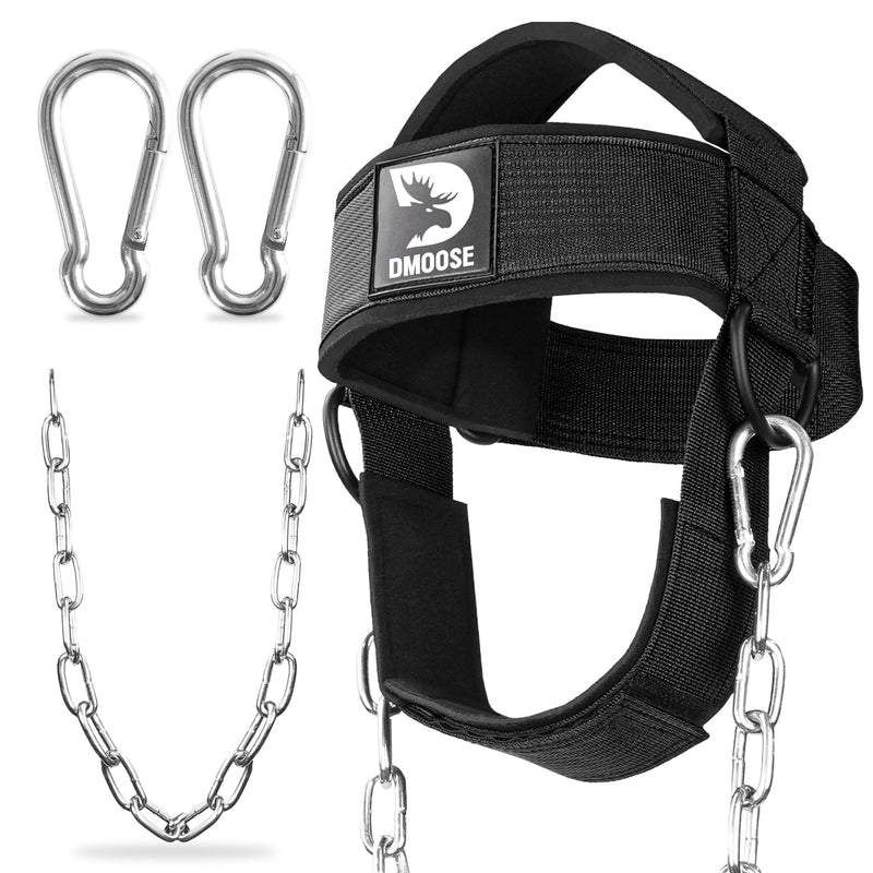 DMoose Fitness Neck Harness for Weight Lifting - Soft Padded Head & Chin Strap with 30" Heavy Duty Steel Chain - Neck Exerciser, Trainer & Strengthener to Support Injury Recovery and Intense Workouts With Support Strap Black