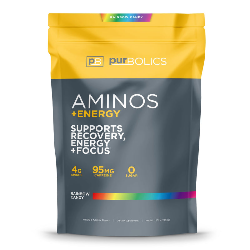 Purbolics Aminos + Energy | Supports Recovery, Energy & Focus | 95mg of Caffeine, 0 Calories & 60 Servings (Rainbow Candy) Rainbow Candy - BeesActive Australia