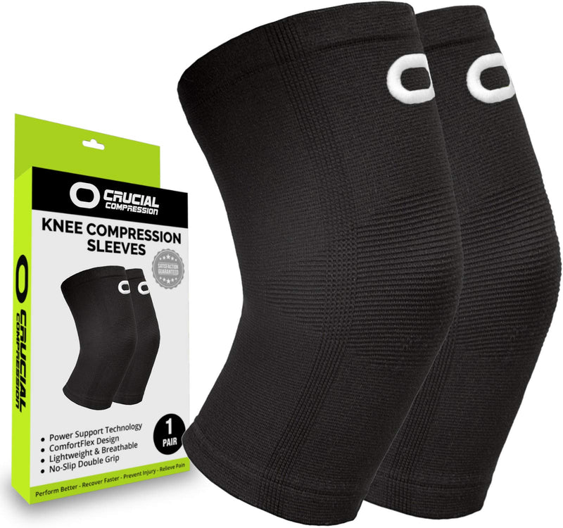 Crucial Compression Knee Sleeve (1 Pair) - Best Knee Braces for Knee Pain for Men & Women - Non-Slip Knee Support for Running, Weightlifting, Basketball, Gym, Workout, Sports Medium (18.0-20.0") Measure 3" Above Kneecap Black - BeesActive Australia