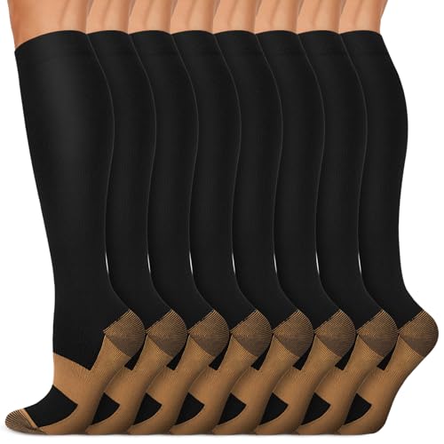 Copper Compression Socks 15-20 mmHg for Men & Women 8 Pairs – Circulation Support for Nurses, Travel, Running, Hiking, Soccer A00- Black Large-X-Large