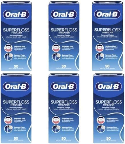 Oral-B Super Floss Threader Dental Floss, Pre-Cut Strands, 50 Count (Pack of 6) – Mint Flavor (Packaging May Vary) 50 Count (Pack of 6)