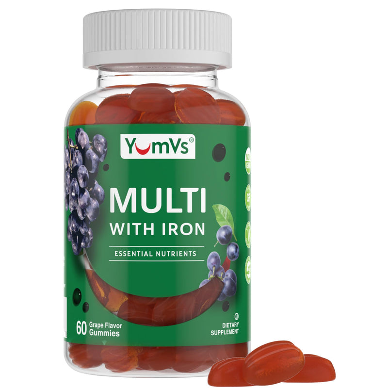 YUM-V'S Iron Gummies - Multivitamin Iron Supplement with Vitamin C, A, B & Zinc, Supports Blood Oxygen, Vegan Supplements for Women, Men & Kids for Growth and Development - Grape Flavor | 60 Count 60 Count (Pack of 1)