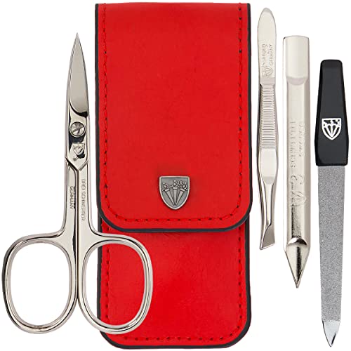 3 Swords Germany - brand quality 3 piece manicure pedicure grooming kit set for professional finger & toe nail care scissors tool genuine leather case in gift box, Made in Solingen Germany (02662) RED