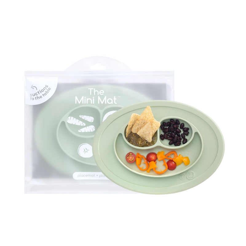 ezpz Mini Mat (Sage) - 6 -12 Months+ - 100% Silicone Suction Placemat + Divided Plate with Three Compartments - Supports Baby-Led Weaning - Designed for Highchair, Table, and Travel Sage 12 Months +