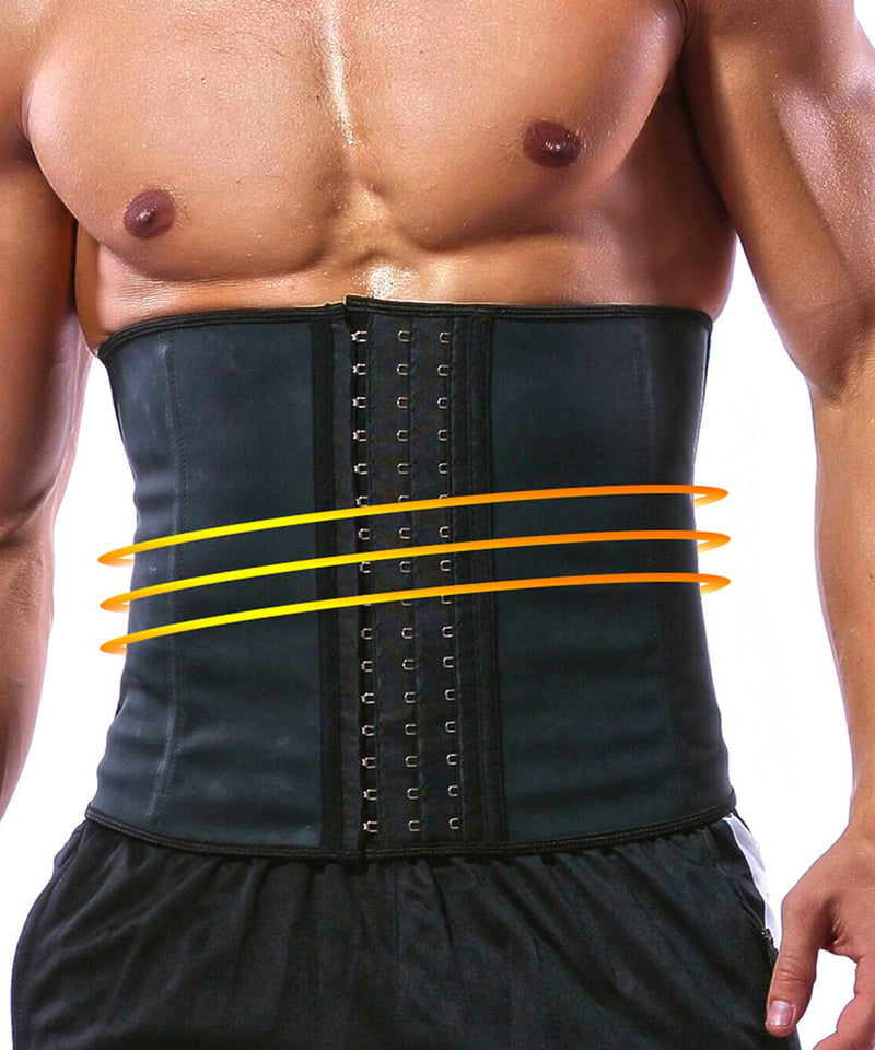 GainKee 100% Latex Men Waist Trainer Corsets With Steel Bone Sweat Belt Sauna Suit For Fitness Body Shaper Black X-Small