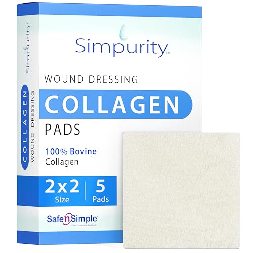 Collagen Dressing Pads - 2" x 2" 5 Count Collagen Pads for Wounds - Non-Adherent Collagen Dressing for Wound Care - Safe n' Simple Wound Care Supplies 2" x 2" - 5 Pads