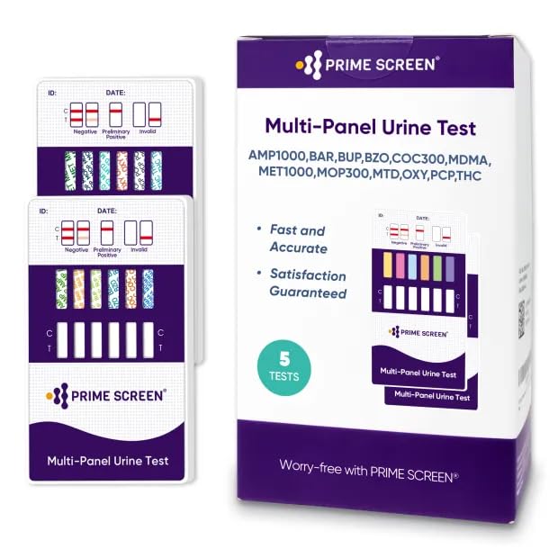 Prime Screen [5 Pack] 12 Panel Urine Drug Test Kit (AMP, BAR, BUP, Benzos BZO, COC, mAMP, MDMA, MOP, MTD, OXY, PCP, Marijuana THC) - WDOA-6125 5 Count (Pack of 1) - BeesActive Australia