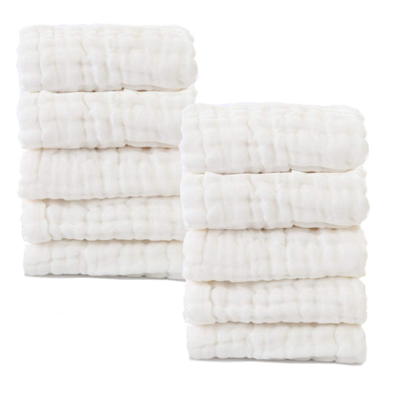 MUKIN Baby Washcloths - Natural Cotton Baby Wipes - Soft Newborn Baby Face Towel for Sensitive Skin- Baby Registry as Shower, 10 Pack 12x12 inches (White) White - BeesActive Australia