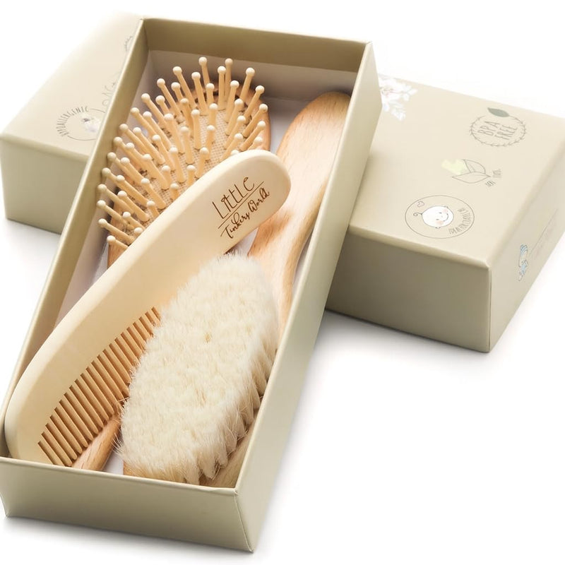 Baby Hair Brush and Comb Set for Newborn Wooden 4 Piece Soft Bristle Baby Brush and Comb Set for Newborn Girl Boy and Toddler Soft Cradle Cap New Born Infant Hair Brushes Perfect Baby Registry Gift 4 Piece Set