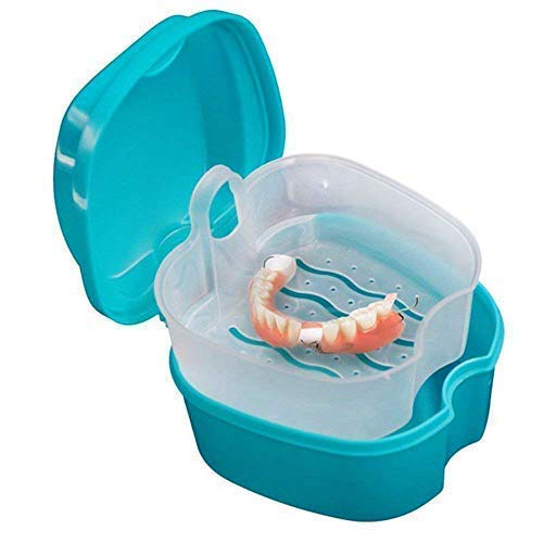 Coolrunner Denture Case, Denture Cup with Strainer, Denture Bath Box False Teeth Storage Box with Basket Net Container Holder for Travel, Retainer Cleaning (Green) Green