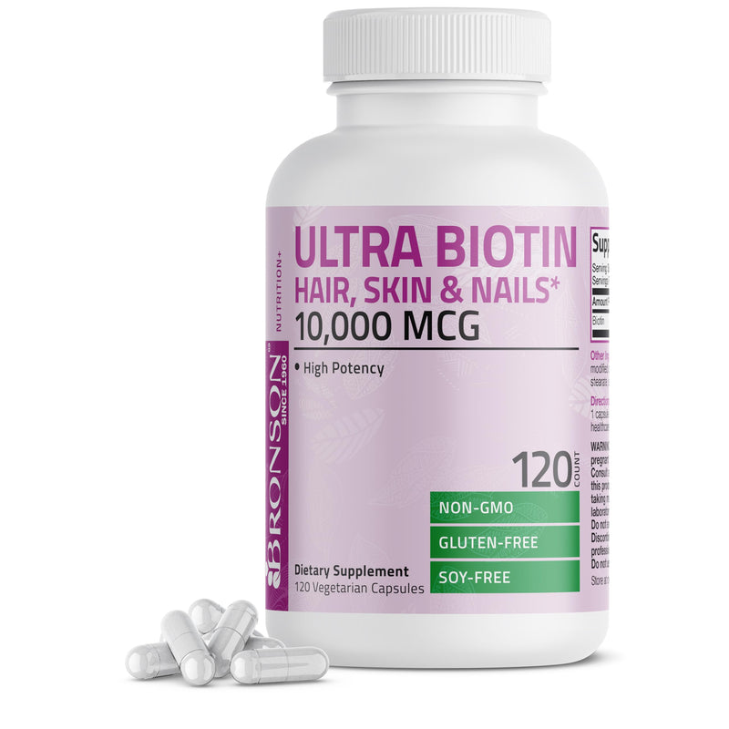 Bronson Ultra Biotin 10,000 mcg Hair, Skin & Nails, 120 Vegetarian Capsules | Once-Daily, Energy Metabolism Support, Non-GMO, Gluten-Free & Soy-Free 120 Count (Pack of 1)
