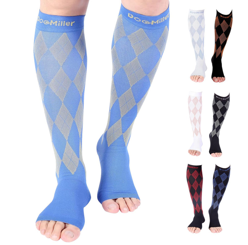 Doc Miller Open Toe Compression Socks for Men & Women, 20-30 mmHg Knee High Support, Toeless Design for Daily Leg Comfort, Breathable Nylon Spandex, 1 Pair X-Large Yellow Blue - BeesActive Australia
