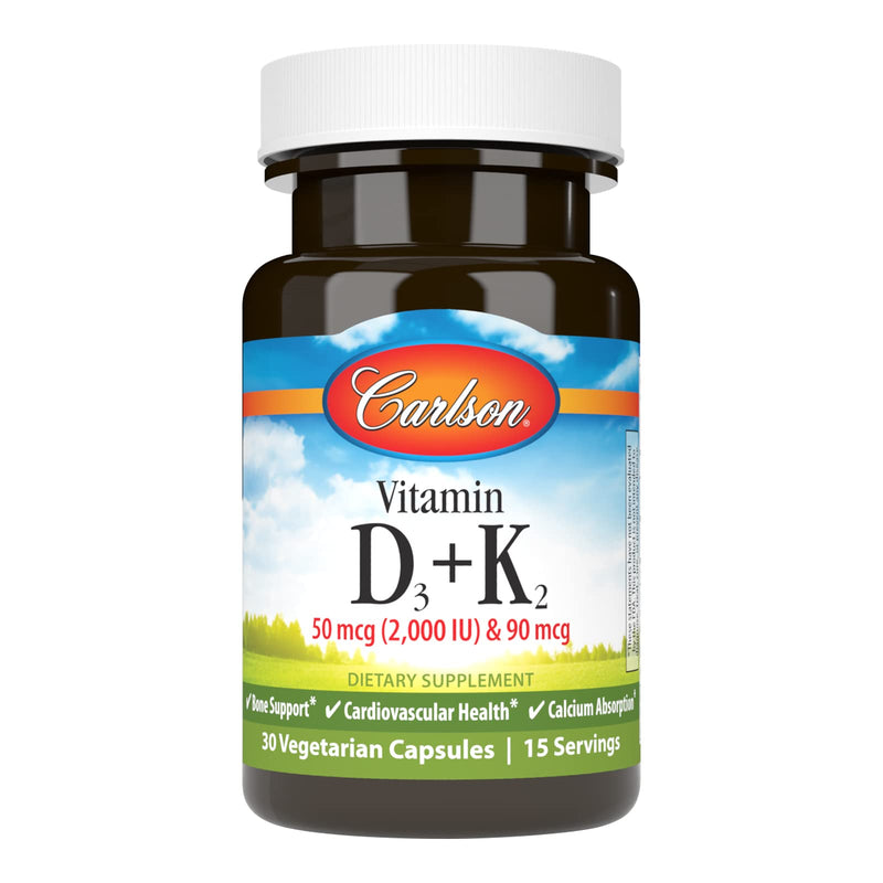 Carlson Vitamin D3 + K2, 50 mcg (2000 IU), Bone Support, 30 Capsules | Vitamin D3 & 90 mcg Vitamin K2 as MK7; Calcium Absorption 30 Count (Pack of 1)