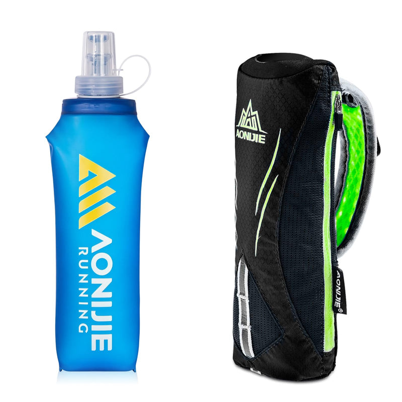 Geila Handheld Water Bottle for Running, 17 oz Grip Handheld Bottle with Hand Strap Hydration Pack, Sport Soft Flask Black+500ML Soft Flask
