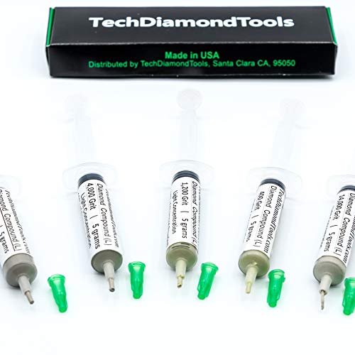 TechDiamondTools Diamond Polishing Paste Kit — 5 Grits (400 to 50000) | USA Made | Oil-Based Syringes | Complete Lapping & Stropping Set for Metal, Glass, Gemstone, Knife, Jewelry | 10% Diamond Powder 50000 14000 4000 1200 400 grit 10% Concentration