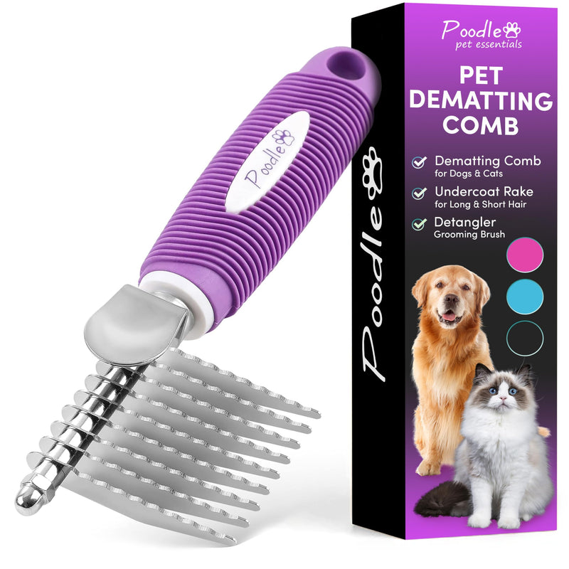 Poodle Dematting Fur Rake Comb Brush for Dogs and Cats - Long 2.5" Steel Safety Blades Metal Comb for Detangling Matted or Knotted Undercoat Hair Dematting Comb Purple - BeesActive Australia