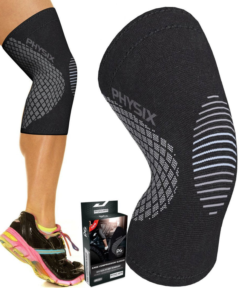 Physix Gear Sport Knee Support Brace - Best No-Slip Knee Braces for Knee Pain Women & Men, Compression Knee Sleeves for Running Workout Walking Hiking Sports Arthritis ACL Torn Meniscus Medium | 17"-19.5" Black/Grey (Single) - BeesActive Australia
