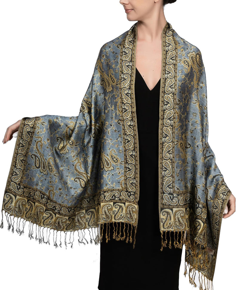 Achillea Soft Silky Reversible Paisley Pashmina Shawl Wrap Scarf w/Fringes Steel Blue - BeesActive Australia