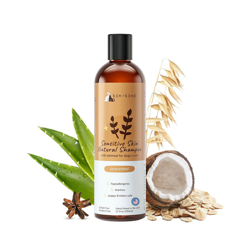 Oatmeal Shampoo for Dogs and Cats by kin+kind - Cat & Dog Shampoo for Sensitive Skin with Colloidal Oatmeal - Safe, Natural Formula with Olive Oil and Coconut Oil (12 fl oz) - Made in USA Unscented - BeesActive Australia