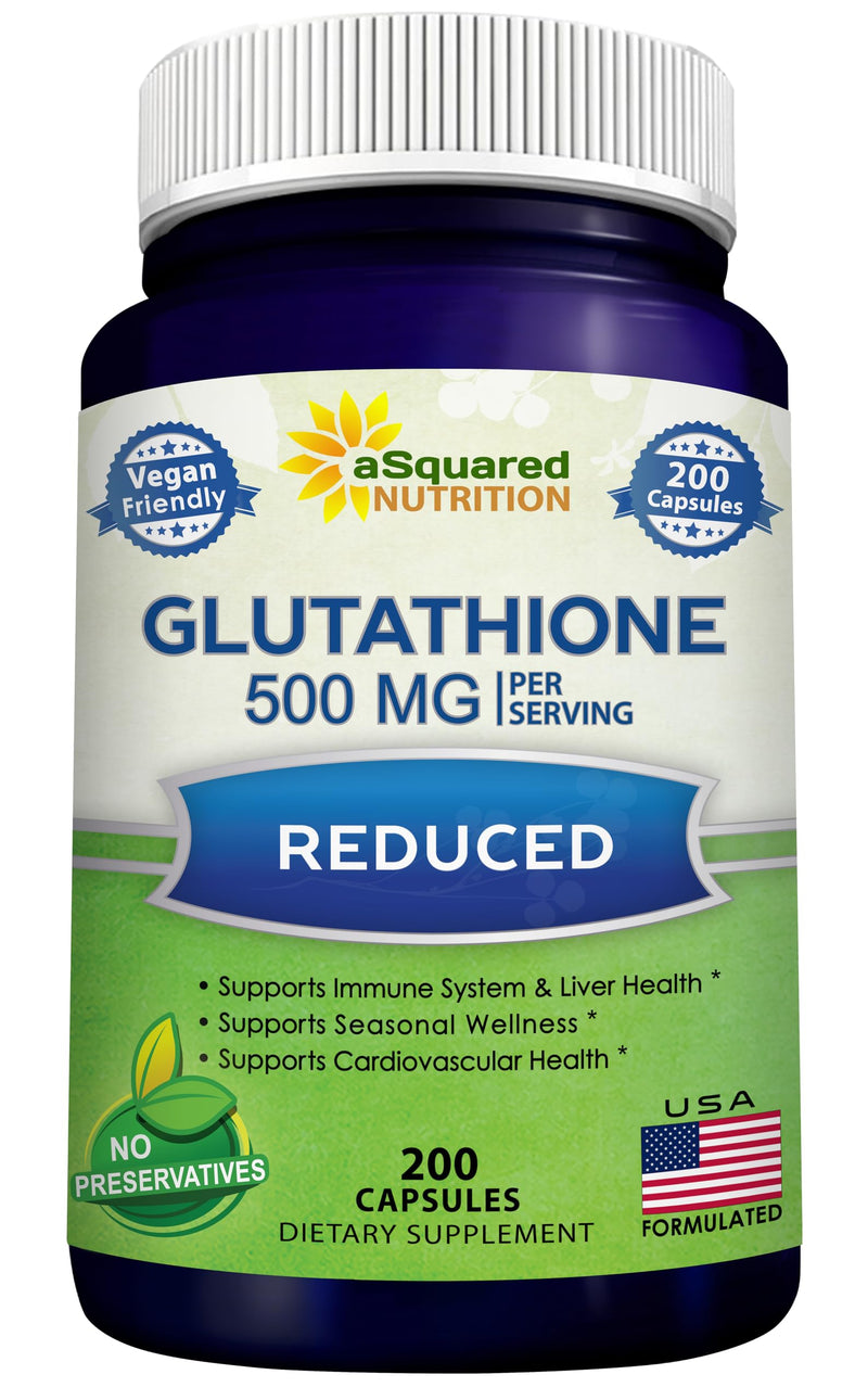 aSquared Nutrition Reduced Glutathione 500mg Per Serving Supplement -200 Capsules -L-Glutathione Antioxidant to Support Liver Health & Detox - Max Strength Powder Pills to Help Immune & Brain Function