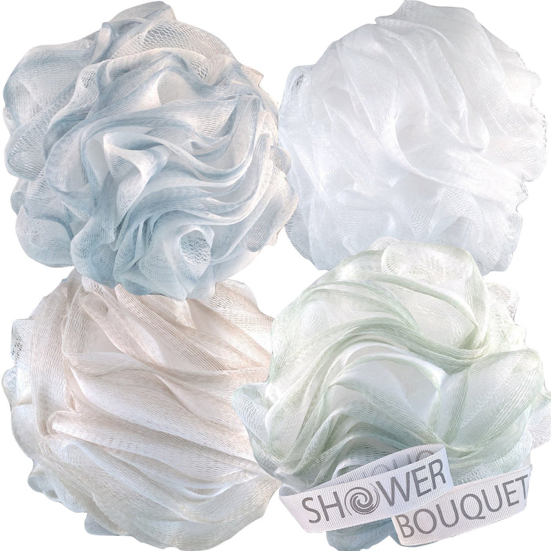 Loofah-Bath-Sponge XL-75g-Soft-Set by Shower Bouquet: 4-Pack-Pastel-Colors - Extra-Large Mesh Pouf Scrubber for Men and Women - Exfoliate with Big Lathering Cleanse Pastel Cool-gray, Sage-green, Warm-tan, Lite-white - BeesActive Australia