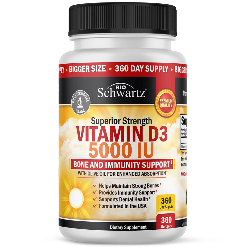 Vitamin D3 5000 IU (125 mcg) Supplement, 360 Softgels | Immune Support, Bone Strength, Healthy Muscle Function, with Olive Oil for Highest Absorption, Gluten Free & Non-GMO