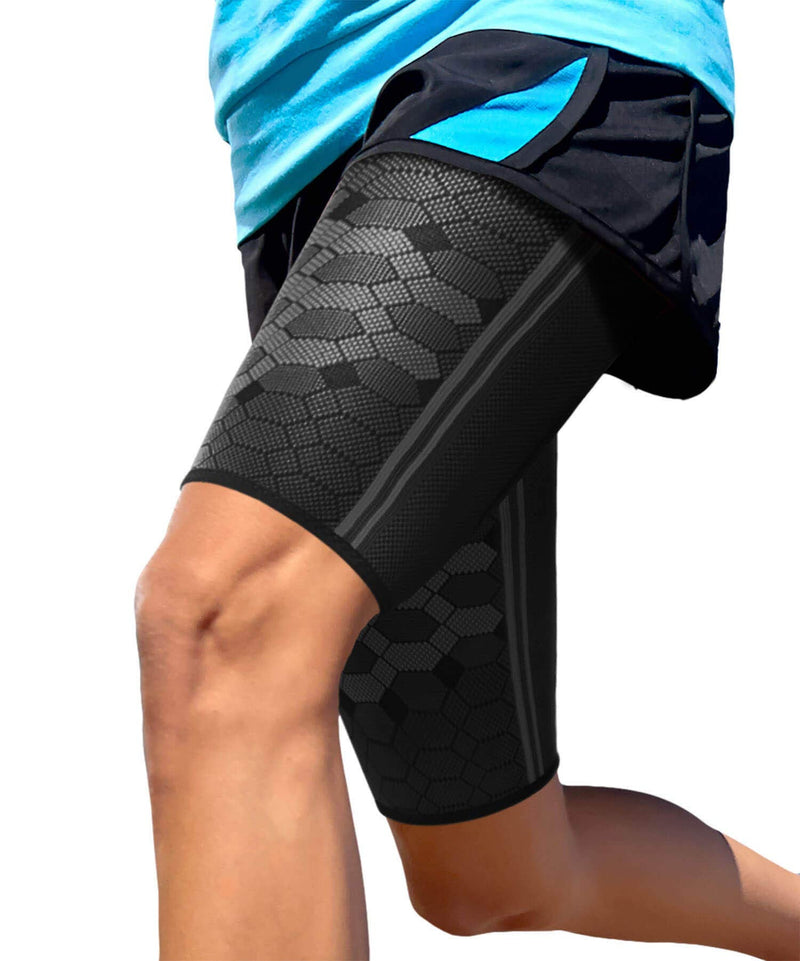 Sparthos Thigh Compression Sleeves (Pair) – Quad and Hamstring Support – Upper Leg Sleeves for Men and Women – Made from Innovative Breathable Elastic Blend – Anti Slip Midnight Black Large - BeesActive Australia