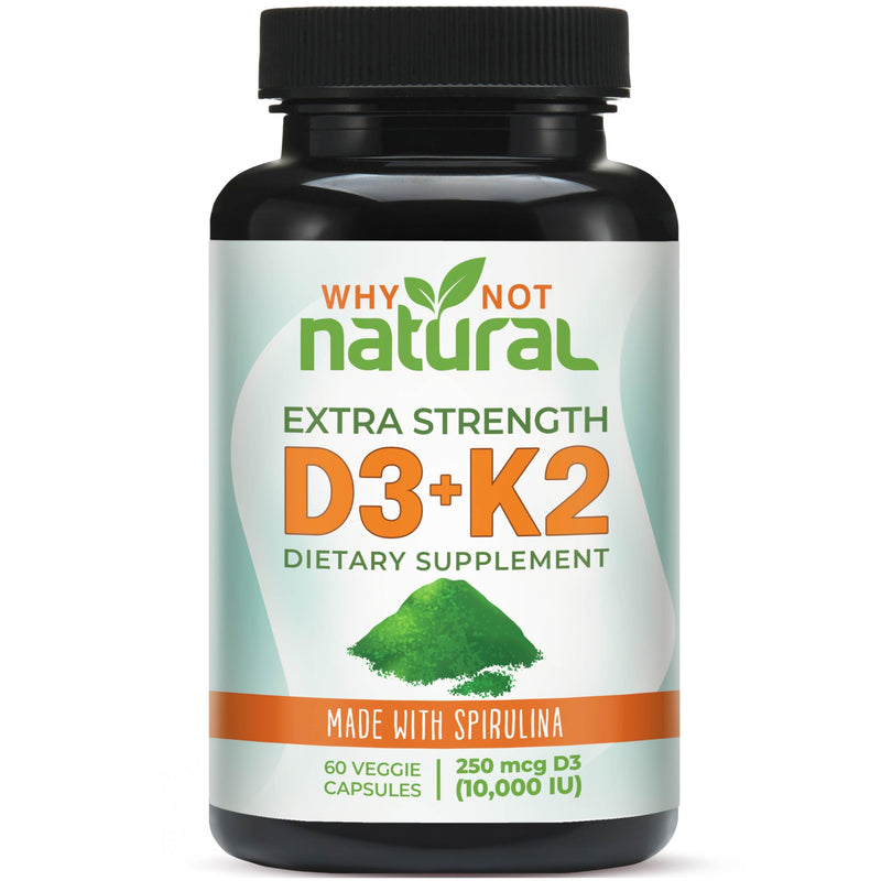 Why Not Natural Vitamin D3 K2 (MK-7) with Spirulina, 10000 IU Extra Strength Supplement in Veggie Capsules, Supports Bone Health, Immune System and Mood
