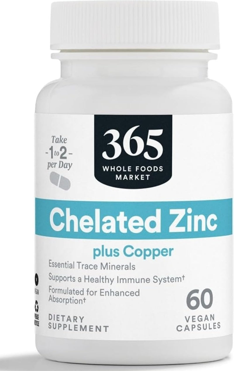 365 by Whole Foods Market, Chelated Zinc, 60 CT Unflavored 60 Count (Pack of 1)