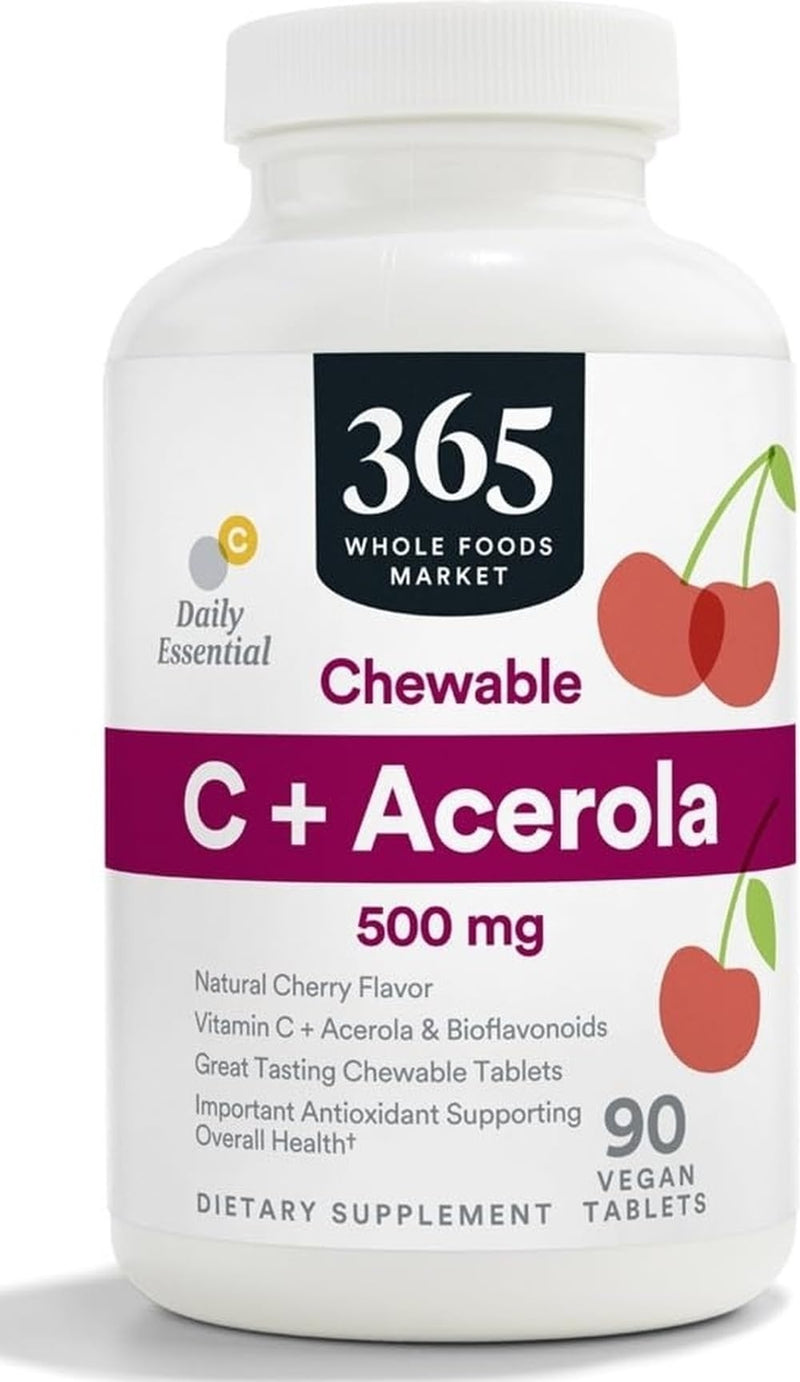365 by Whole Foods Market, Chewable C + Acerola C 500mg, Natural Cherry Flavor, Vegan, 90 Tablets 90 Count (Pack of 1)