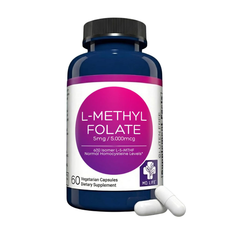 MD. Life L-Methylfolate 5 mg, Professional Grade, 60 Capsules, 5-MTHF | Active L-Methylfolate Supplement with Essential Amino Acids - Maximum Potency MTHFR Support - Doctor Designed, Made in USA 60 Count (Pack of 1)