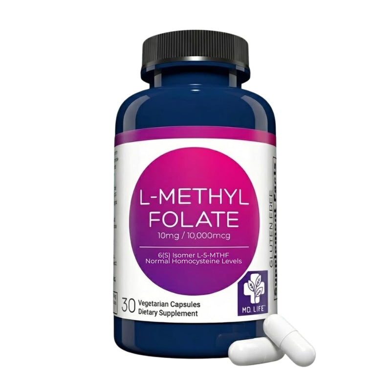 MD. Life L-Methylfolate 10 mg, Professional Grade, 30 Capsules, 5-MTHF | Active L-Methylfolate Supplement with Essential Amino Acids - Maximum Potency MTHFR Support - Doctor Designed, Made in USA 1 Count (Pack of 30)
