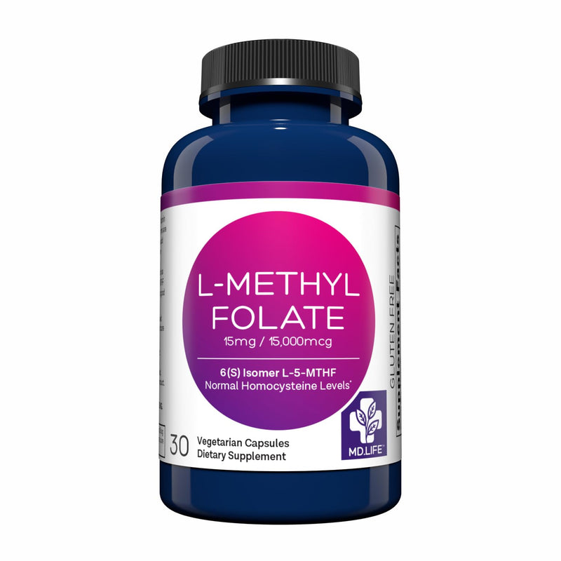 MD. Life L-Methylfolate 15 mg, Professional Grade, 30 Capsules, 5-MTHF | Active L-Methylfolate Supplement with Essential Amino Acids - Maximum Potency MTHFR Support - Doctor Designed, Made in USA 1 Count (Pack of 30)