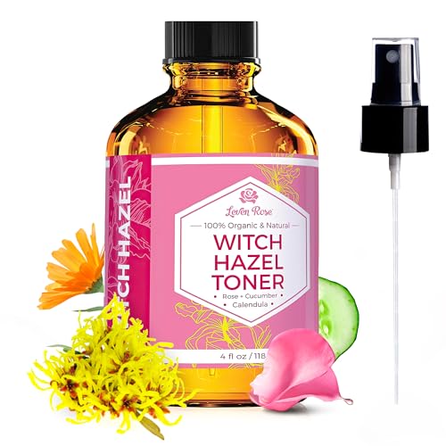 Witch Hazel Alcohol Free Toner by Leven Rose, 100% Pure Organic Facial Rose Water with Rose Petals, Calendula, Cucumber, and Chamomile Flower 4 oz 4 Fl Oz (Pack of 1)
