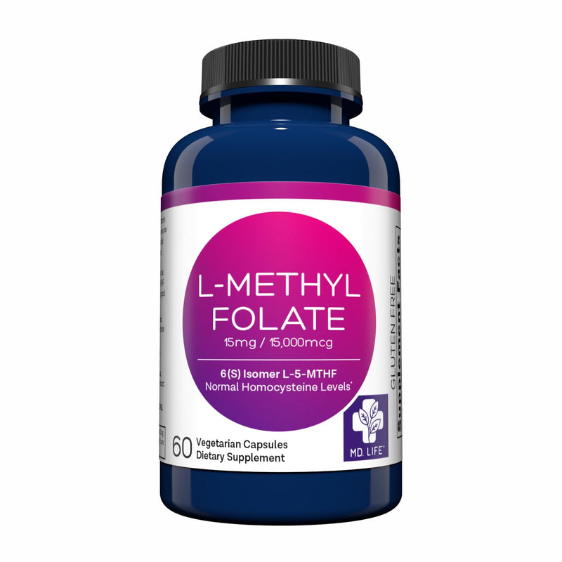 MD. Life L-Methylfolate 15 mg, Professional Grade, 60 Capsules, 5-MTHF | Active L-Methylfolate Supplement with Essential Amino Acids - Maximum Potency MTHFR Support - Doctor Designed, Made in USA 1 Count (Pack of 60)