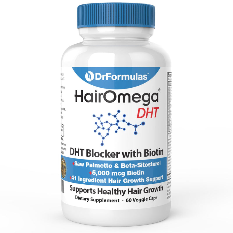 DrFormulas HairOmega DHT Blocker Biotin 5000 mcg Vitamins for Hair Growth Supplement | Hair Loss Pills for Women and Men, 30 Day Supply Unflavored 60 Count (Pack of 1)