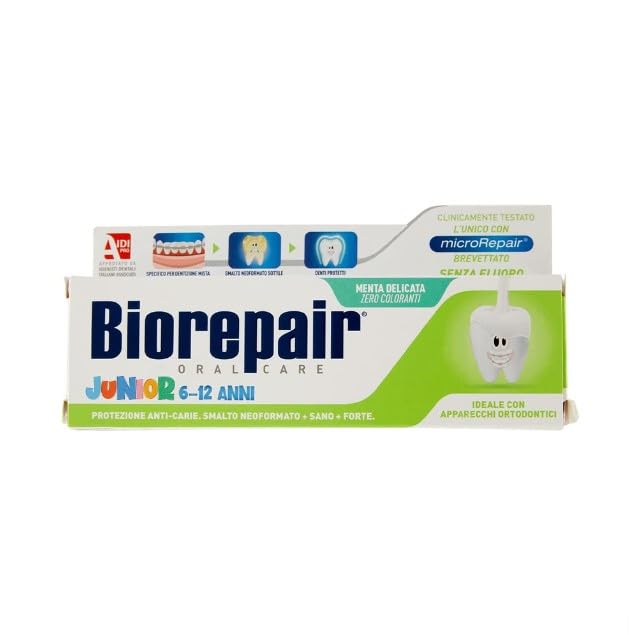 Biorepair: Oral Care Junior 7-14 Years Toothpaste, Fluoride Free, with Mint Extract - 2.53 Fluid Ounces (75ml) Tubes (Pack of 6) [ Italian Import ]