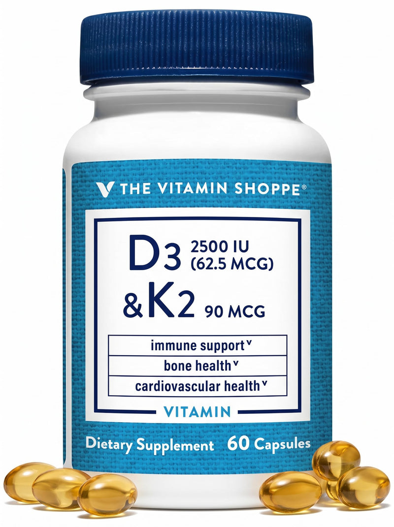 The Vitamin Shoppe Brand Vitamin D3 2500 IU & K2 90 MCG, 60 Capsules | Includes Calcium, D3, K2 & MK7 for Bone Health, Immune Support & Cardiovascular Health, Gluten Free