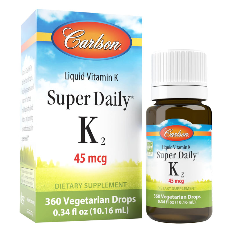Carlson Super Daily K2, 45 mcg, Liquid Vitamin K, 360 Drops (10.16 mL) | Unflavored; Bone Health; K2 Vitamin; Vitamin K Supplement; Vitamin K-2 MK7 0.34 Fl Oz (Pack of 1)