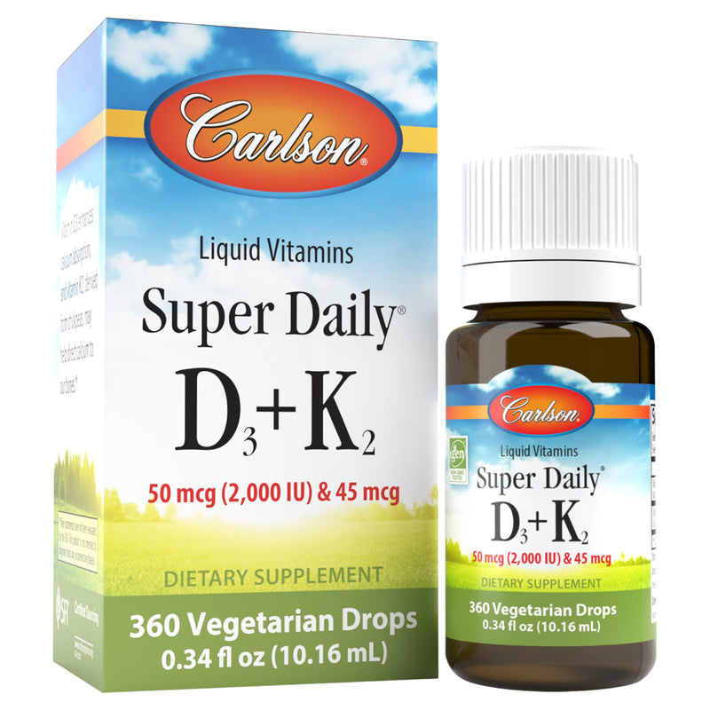 Carlson Super Daily D3 + K2, 50 mcg (2000 IU), 360 Drops (10.16 mL) | Vitamin D; 45 mcg Vitamin K2; Liquid Vitamins D and K; Bone Support 0.34 Fl Oz (Pack of 1)