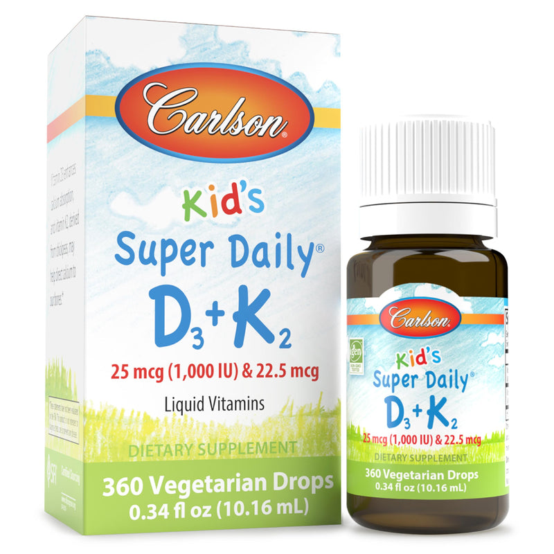 Carlson Kid's Super Daily D3 + K2, 25 mcg (1000 IU), 360 Drops (10.16 mL) | Vitamin D; 22.5 mcg Vitamin K2; Liquid Vitamins D and K; Bone Support