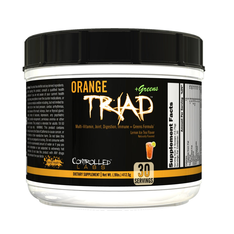 CONTROLLED LABS Orange Triad + Greens, Multivitamin & Greens Powder, 30serv | Daily Supplement, Lemon Ice Tea Flavor, Vitamin A, B6, B12, C, D, Iron Free Sport Supplement, Digestion, Immune, Joint Health