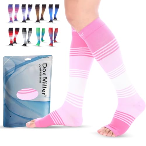Doc Miller Open Toe Compression Socks 20-30 mmHg for Women & Men, 1 Pair Medium Open Toe PinkPinkWhite