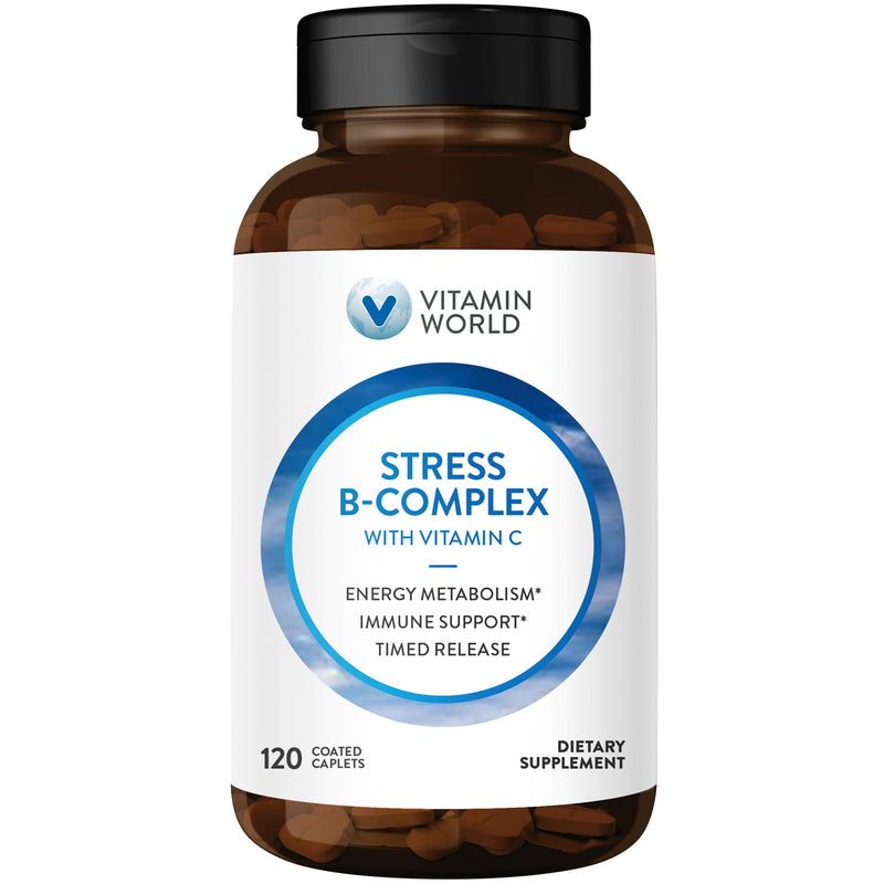 Vitamin World Stress Vitamin B Complex with Vitamin C, 120 Caplets | High-Potency Vitamin B6, B12, Niacin, Folate & Biotin for Stress, Energy, Metabolism & Immune Support, Non-GMO 120 Count (Pack of 1)