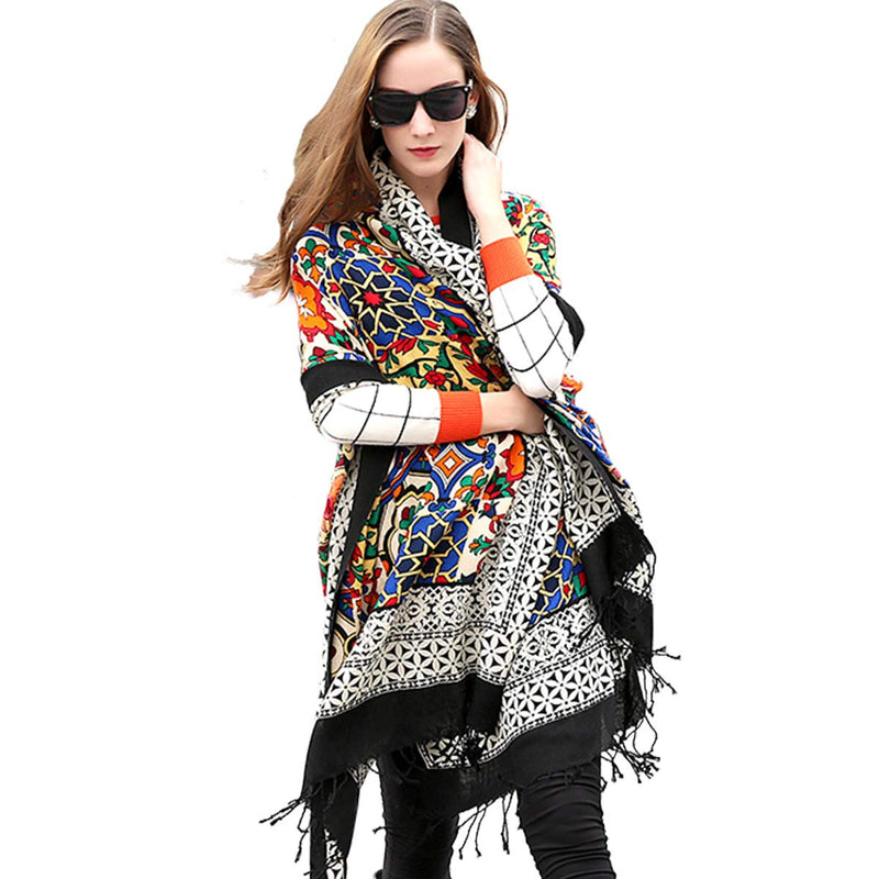 DANA XU 100% Pure Merino Wool Extra Large Pashmina Cashmere Scarf Shawl And Wrap For Women Winter Oversized Floral Blanket 11 Black - BeesActive Australia