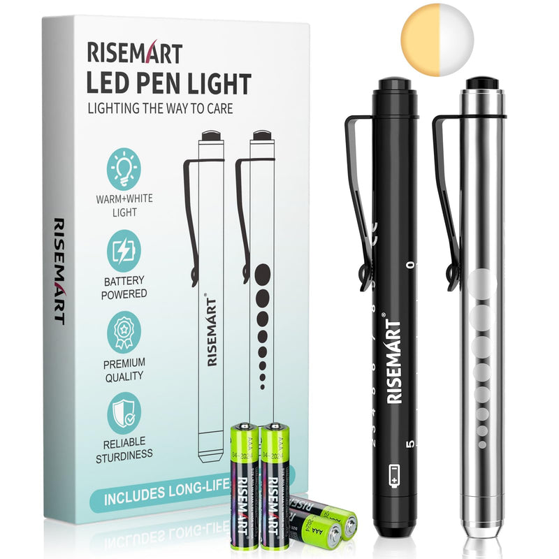 RISEMART Pen Light, Nurse Led Medical Penlight with Pupil Gauge for Nursing Students Doctors Black and Silver with Batteries Black + Silver - BeesActive Australia
